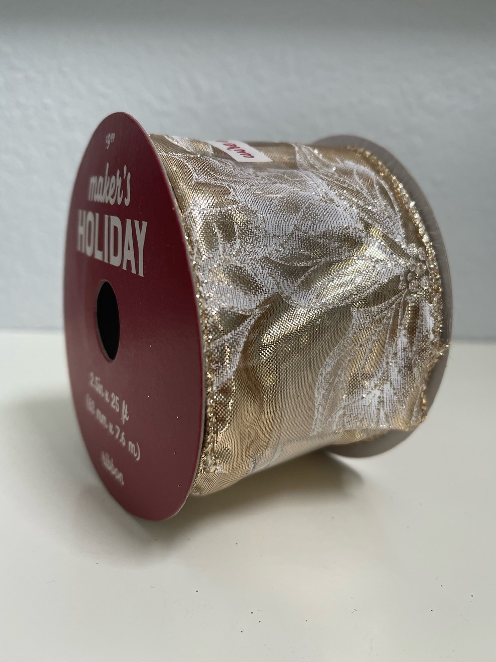 Ribbon White Poinsettia Gold 2.5in Wide 25ft Wire Edge Christmas Wreath Winter